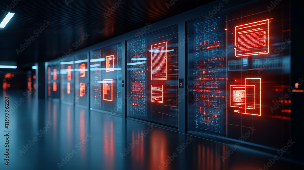 A futuristic digital interface displaying data on transparent panels in a sleek, high-tech environment A futuristic digital interface displaying data on transparent panels in a sleek, high-tech environment