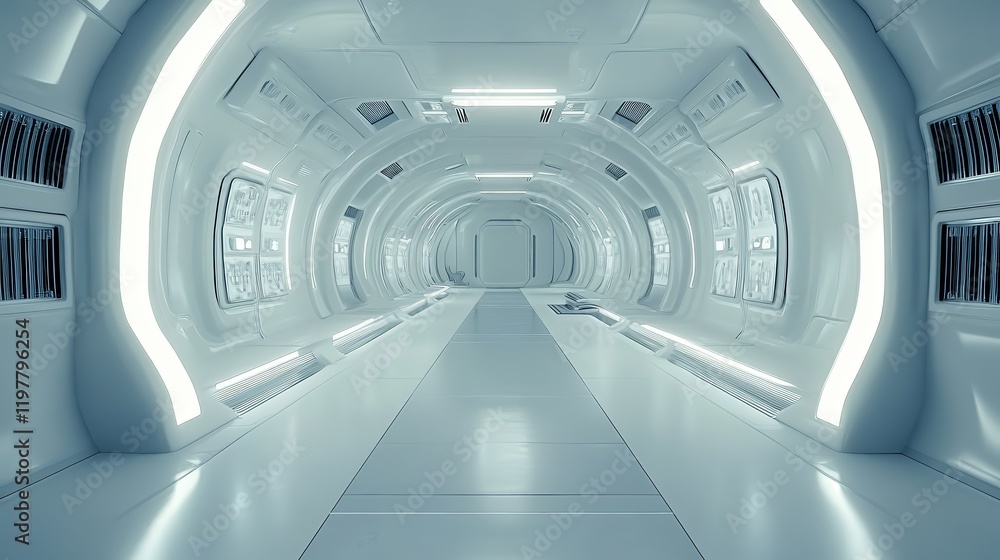 A futuristic, sterile corridor with bright lighting and sleek design. A futuristic, sterile corridor with bright lighting and sleek design.