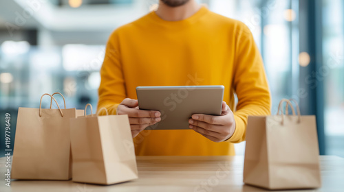 A person using a tablet to compare prices between different shopping bags in a modern setting photo