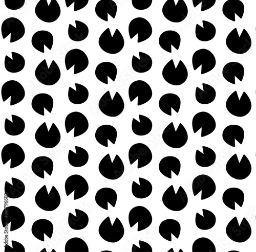 Black and white seamless vector pattern of shod horse hoof prints in silhouette. Equine footprints. Horseshoes of pony, donkey, mule.  Isolated on white background. Print, textile, wrapping paper