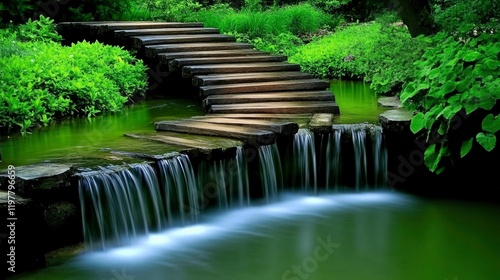 Wooden Steps Leading to Serene Waterfall in Lush Greenery