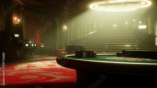 Elegant Casino Interior With Roulette Table And Chips photo