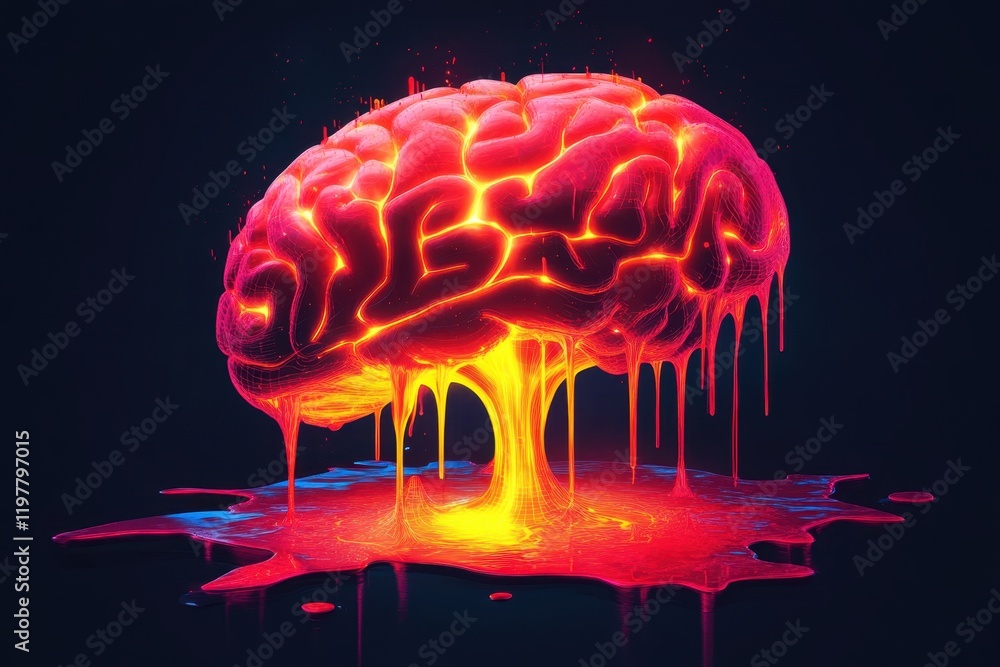 Fototapeta premium Futuristic Neon Brain with Melting Glowing Effect in Dark Background