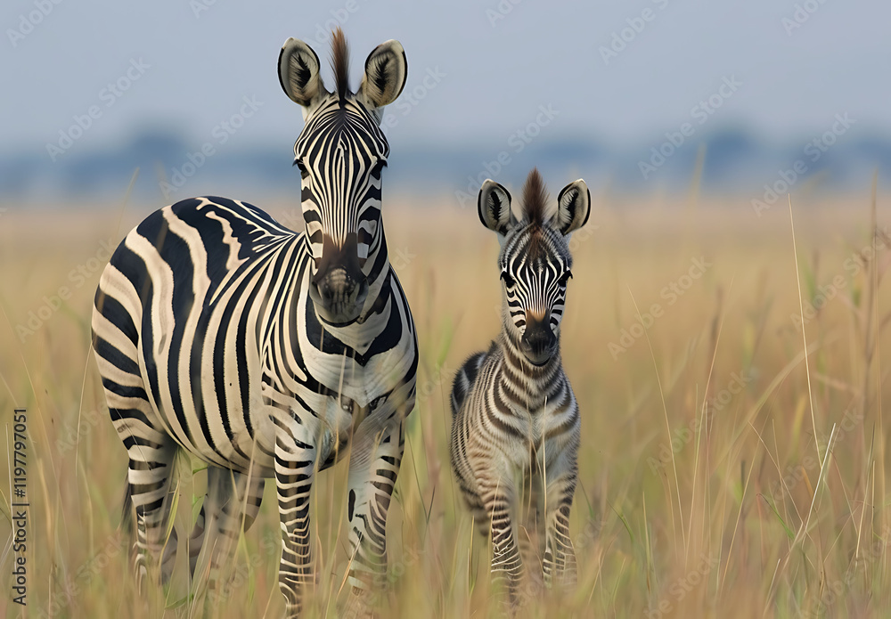 Fototapeta premium A Zebra Family in the Grass