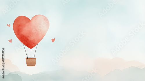 A whimsical watercolor illustration of a heart-shaped hot air balloon floating in a dreamy sky