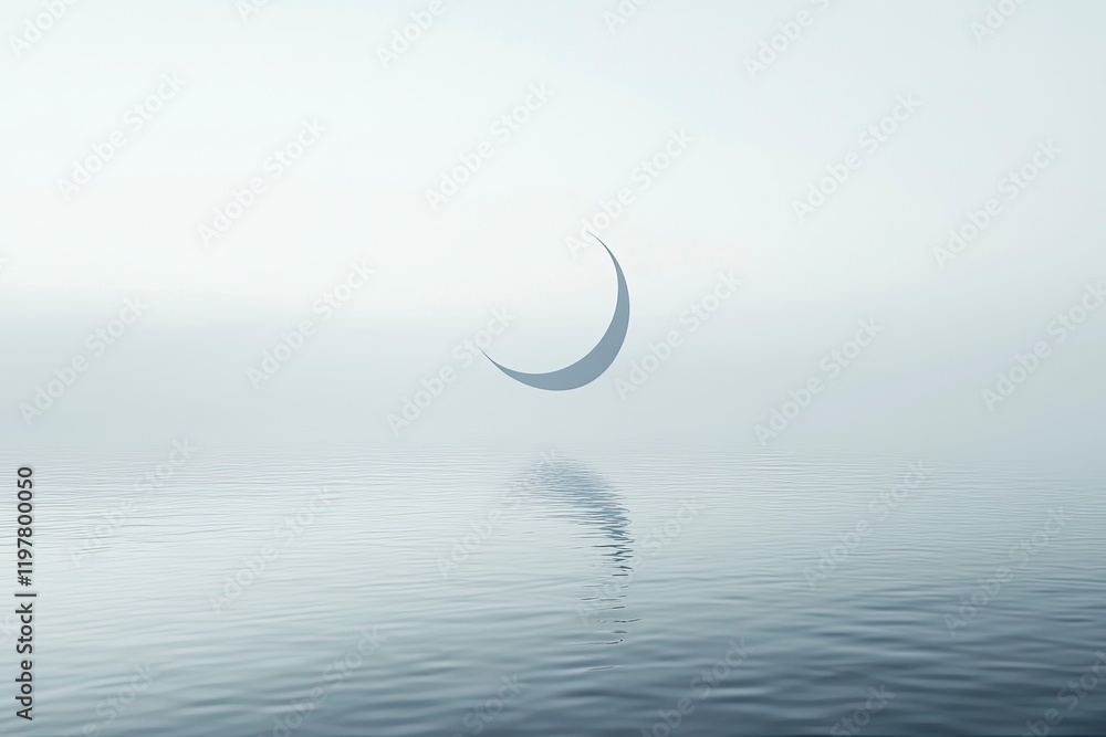 A minimalist composition featuring the crescent moon symbol of Ramadan, floating above a misty body of water against an empty background. A minimalist composition featuring the crescent moon symbol of Ramadan, floating above a misty body of water against an empty background.