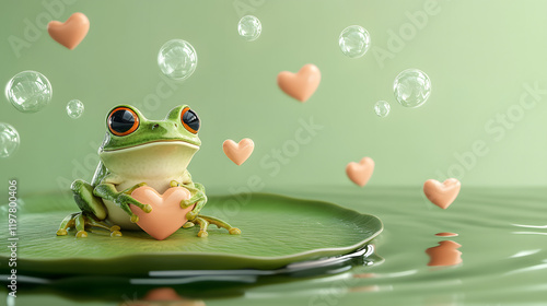 Playful frog sitting on a heart-shaped lily pad with bubbles
