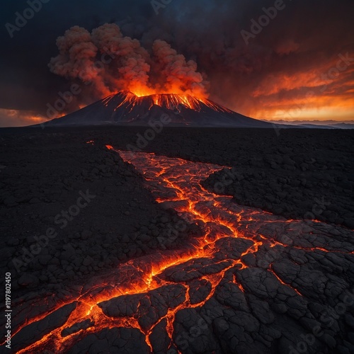 A volcanic pangon with glowing lava patterns, standing on a black volcanic plain under a fiery sky. photo