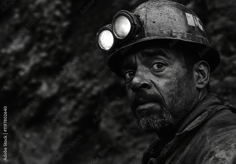 Obraz premium Photo of a coal miner wearing a hard hat and headlamp, looking at the camera, in front of a background of black rocks