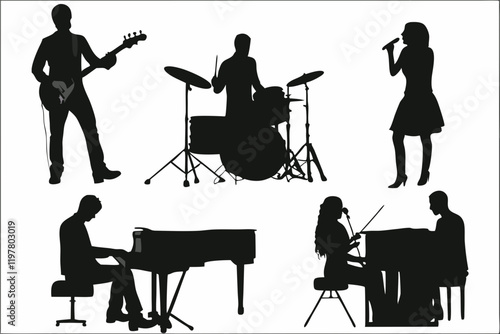 Silhouette of a Jazz Band Playing Piano, Saxophone, Drums, Trumpet, Double Bass, Guitar