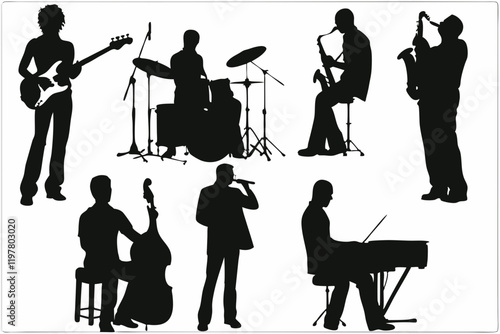 Silhouette of a Jazz Band Playing Piano, Saxophone, Drums, Trumpet, Double Bass, Guitar