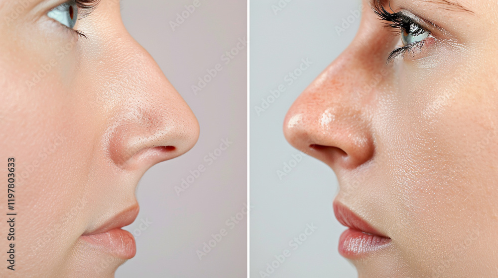 Obraz premium A before-and-after comparison of a patien's nose after rhinoplasty. stock image, hd quality