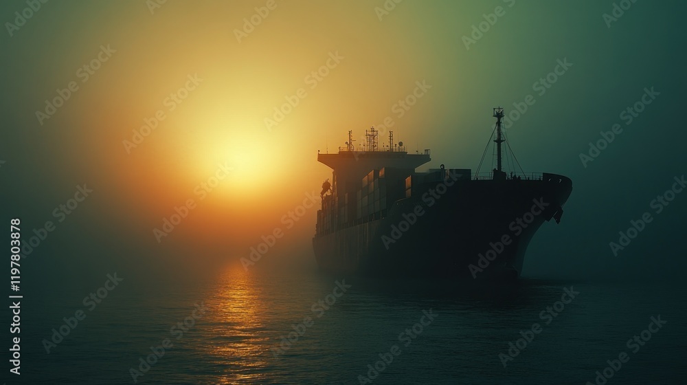 A cargo ship emerges through fog at sunrise, creating a mysterious and serene atmosphere. A cargo ship emerges through fog at sunrise, creating a mysterious and serene atmosphere.