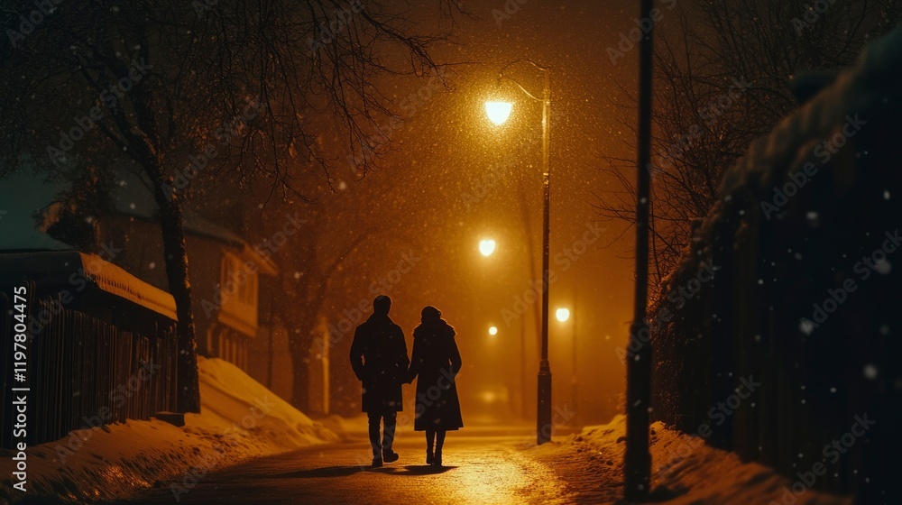 Couple Walking Snowy Night Streetlamp Illumination Couple Walking Snowy Night Streetlamp Illumination