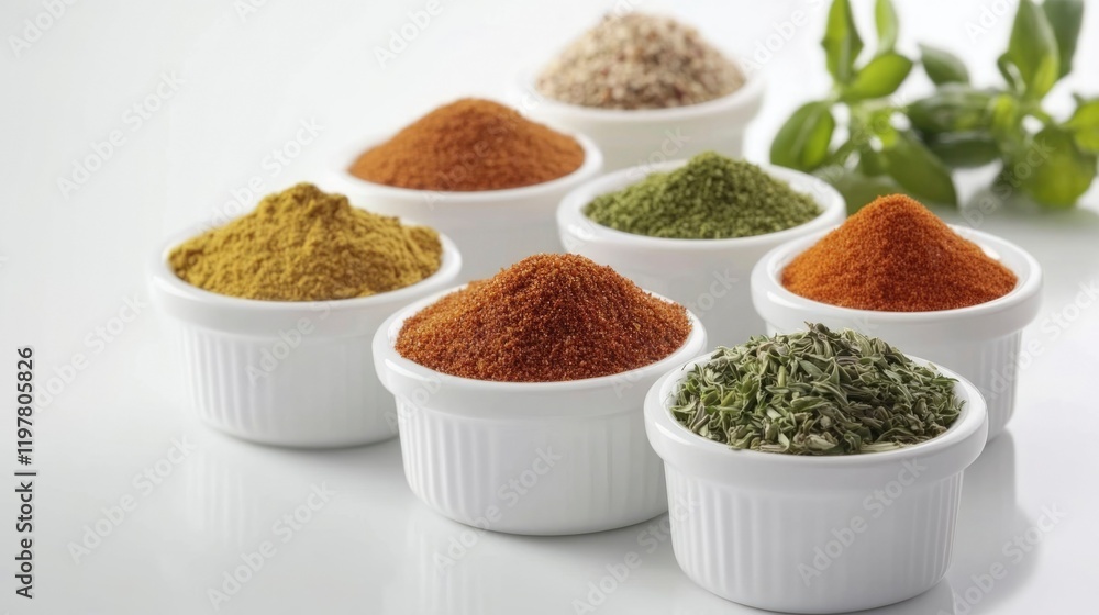 Assorted Spices in White Bowls Displayed Neatly Assorted Spices in White Bowls Displayed Neatly