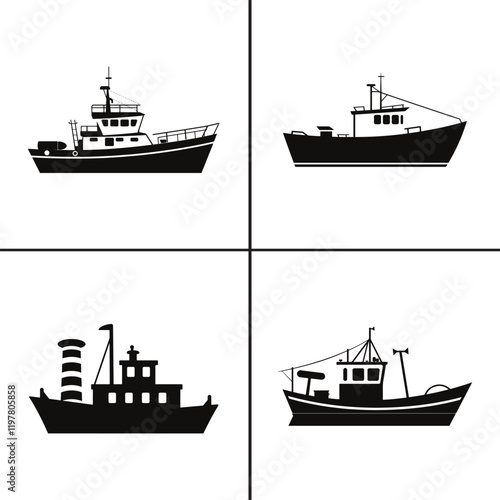 vector of black silhouette of tugboat silhouette