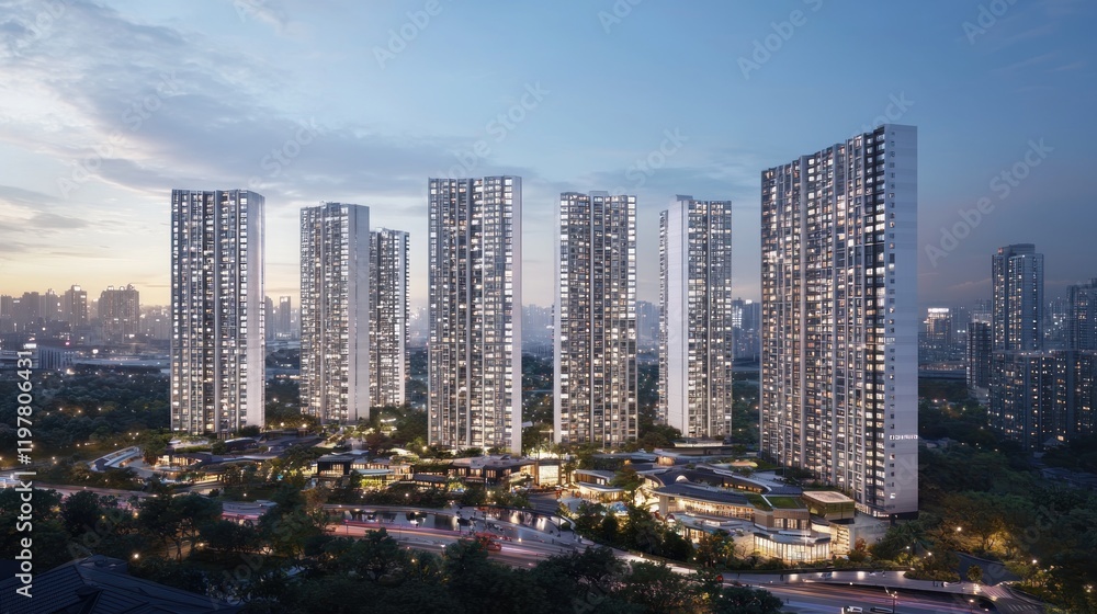 Cityscape Modern towers, twilight, urban development, retail Cityscape Modern towers, twilight, urban development, retail