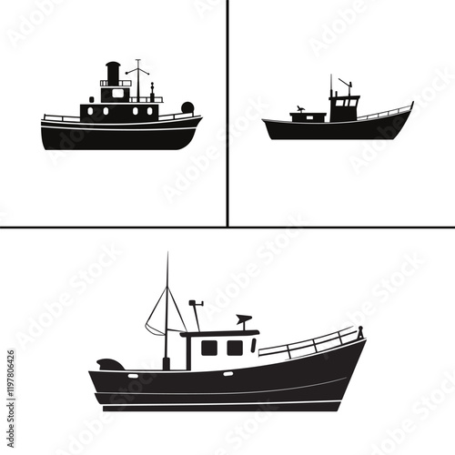 vector of black silhouette of tugboat silhouette