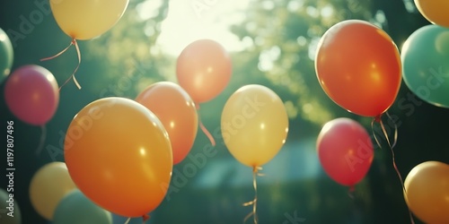 A group of colorful balloons floating in the air, creating an atmosphere filled with joy and celebration for special events like birthday parties or wedding ceremonies. photo