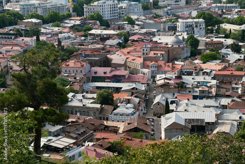 Old Town, top view of Tbilisi, Georgia, red roofs of old houses, historic district of the city