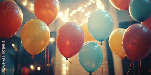 A group of colorful balloons floating in the air, creating an atmosphere filled with joy and celebration for special events like birthday parties or wedding ceremonies. photo