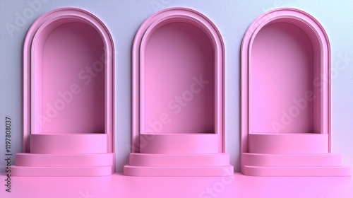Pastel Dreamscape  Minimalist and stylish  this abstract 3D rendering features three arches and tiered platforms in soft  dreamy pastel pink hues.