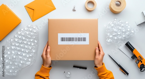 An overhead view of a person's hands holding a brown package surrounded by packaging materials like bubble wrap, tape, and stationery, representing e-commerce and shipping concepts photo