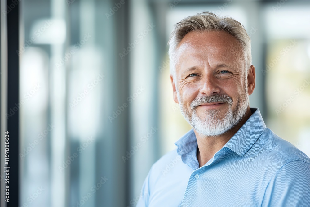 A confident middle-aged man with a charming smile stands in an office environment, exuding professionalism and approachability A confident middle-aged man with a charming smile stands in an office environment, exuding professionalism and approachability