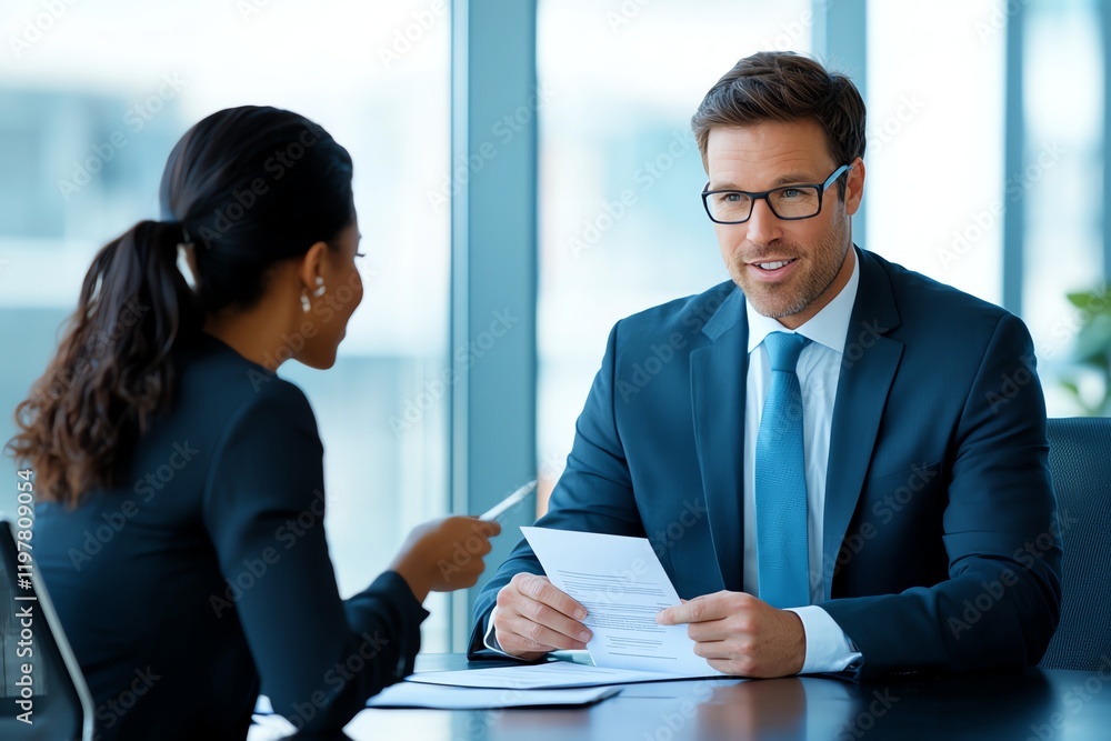 A business meeting in a modern office, featuring a man in a suit speaking with a woman. They review documents while engaging in professional dialogue, showcasing collaboration.