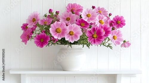 Wallpaper Mural Pink cosmos bouquet, white vase, shelf, wood background, home decor Torontodigital.ca