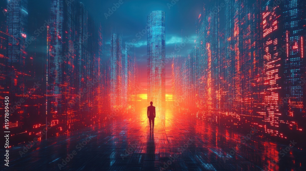 Fototapeta premium Solitary Figure in a Futuristic Digital Cityscape