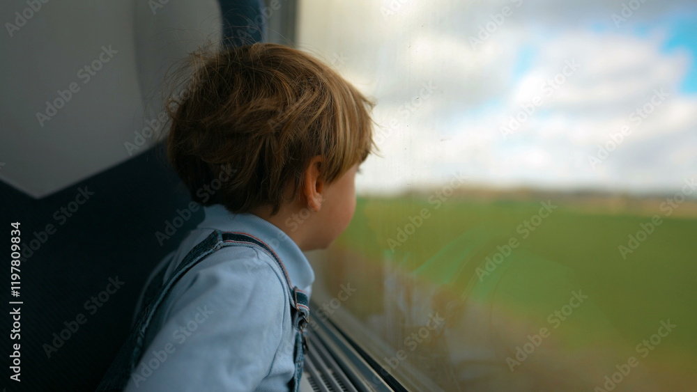 Pensive little boy on a journey looking out train window seeing countryside passing by Pensive little boy on a journey looking out train window seeing countryside passing by