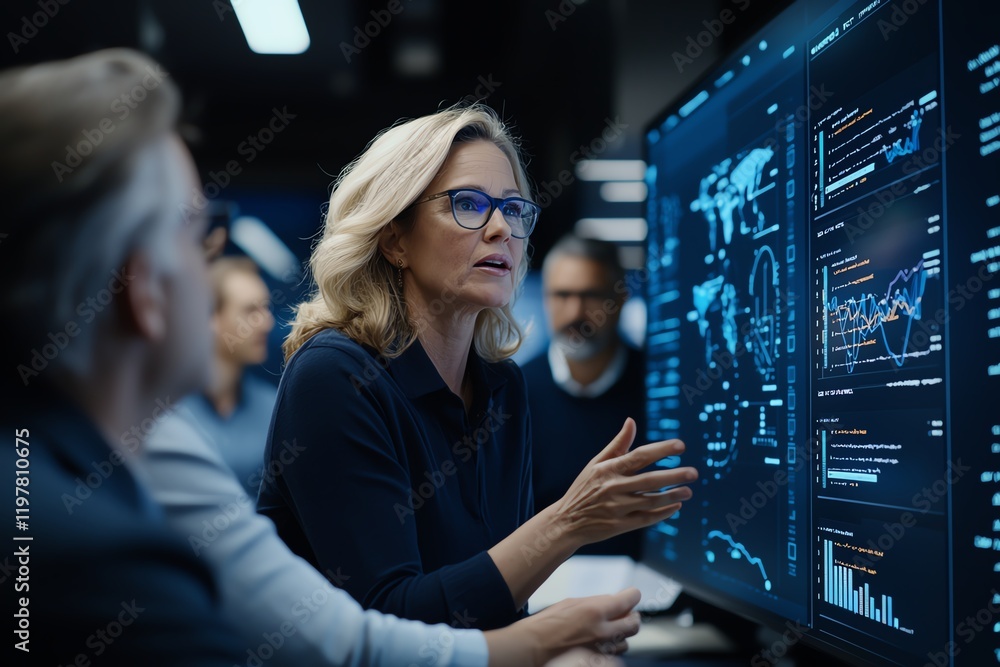 A team of professionals engaged in a data analysis meeting, illustrating the importance of collaboration and technology in modern business environments A team of professionals engaged in a data analysis meeting, illustrating the importance of collaboration and technology in modern business environments