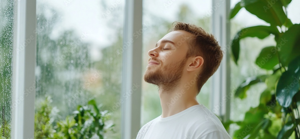 Man breathes deeply, eyes closed, near plants, rainy day. Wellness Man breathes deeply, eyes closed, near plants, rainy day. Wellness