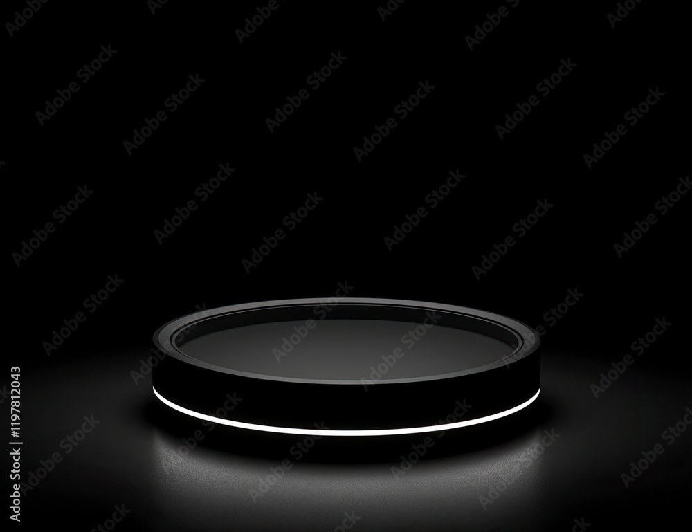 Abstract black background with a podium for product presentation, a glowing orange ring light on a dark grey background. Abstract black background with a podium for product presentation, a glowing orange ring light on a dark grey background.
