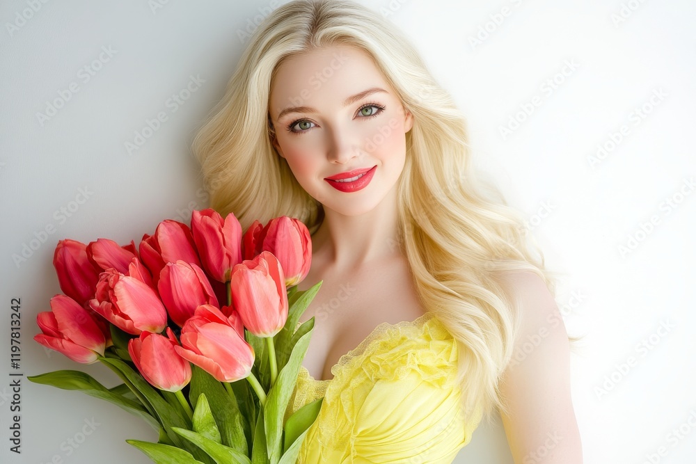 A stunning blonde girl wearing a yellow dress and holding flowers A stunning blonde girl wearing a yellow dress and holding flowers