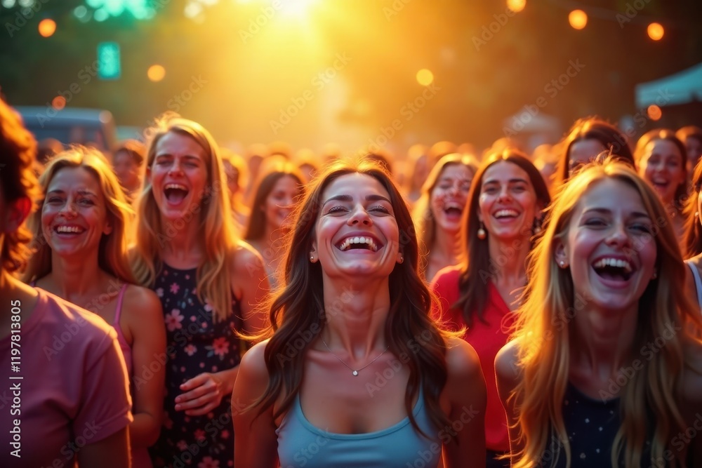 Fototapeta premium Joyful crowd's radiant smiles, vibrant backdrop, excitement, jubilant