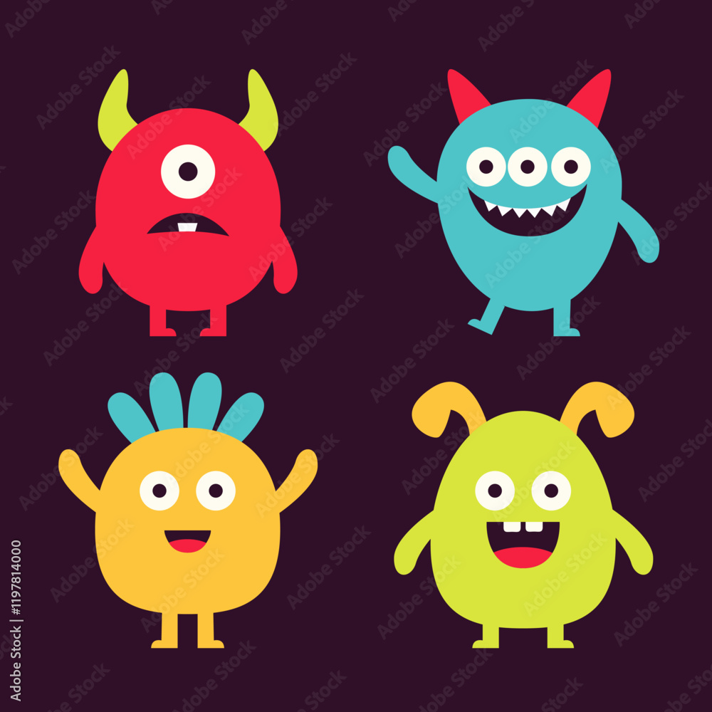 Fototapeta premium Happy Halloween. Cute monster set. Kawaii cartoon boo baby character. Colorful silhouette monsters. Different face. Eyes, teeth horns, hands. Flat design. Childish style. Black background. Vector