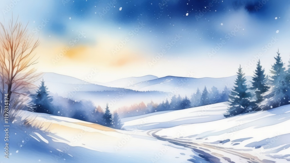 A snowy landscape with a road and a fence A snowy landscape with a road and a fence