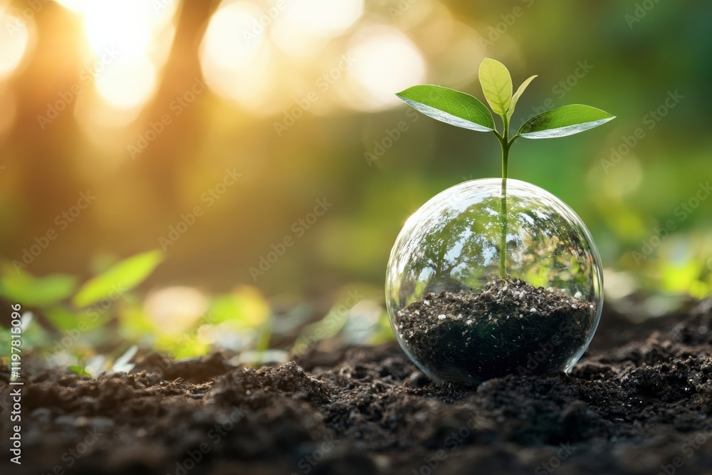 Small plant growing inside a transparent sphere on fertile soil at sunset Small plant growing inside a transparent sphere on fertile soil at sunset