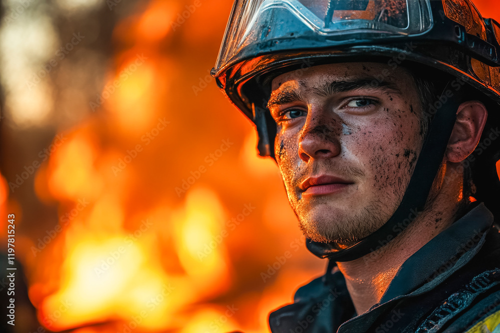 Fototapeta premium Brave firefighter facing flames during intense emergency response
