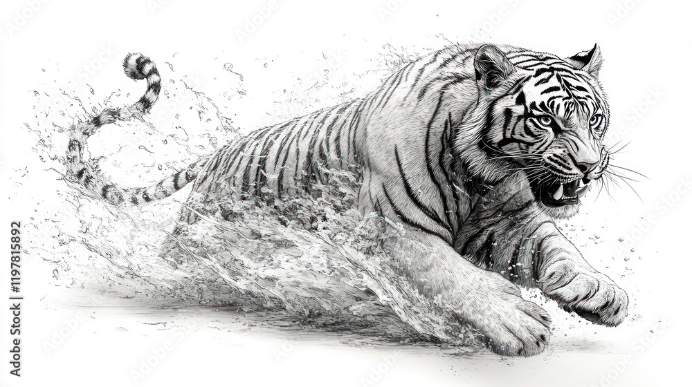 Naklejka premium A fierce white tiger splashing through water, showcasing its power and grace in a dynamic scene