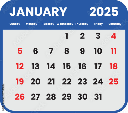 2025 January Calendars with off day