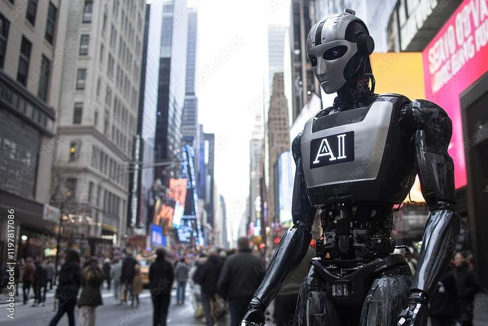humanoid robot with word ai on its chest sweeps busy city street with advanced tools integrated into its design humanoid robot with word ai on its chest sweeps busy city street with advanced tools integrated into its design