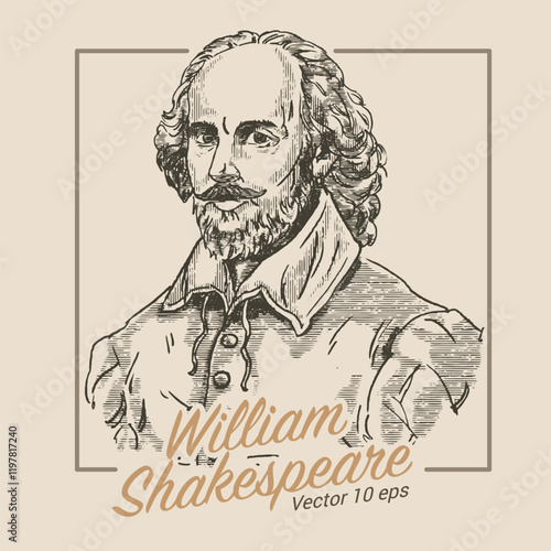 Portrait of William Shakespeare, Illustration in the style of a medieval engraving