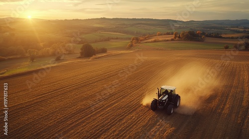 Tractor Plowing Field at Golden Sunset Landscape