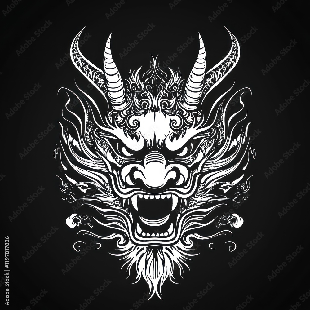 Stylized white dragon head with horns and open mouth on black background for symbolic art Stylized white dragon head with horns and open mouth on black background for symbolic art