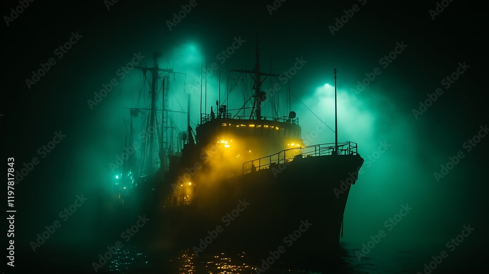 Fototapeta premium Enigmatic Vessel Shrouded In Nighttime Fog
