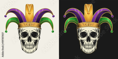 Human skull with jester harlequin hat. Mardi Gras themed detailed illustration in vintage style. Front view.