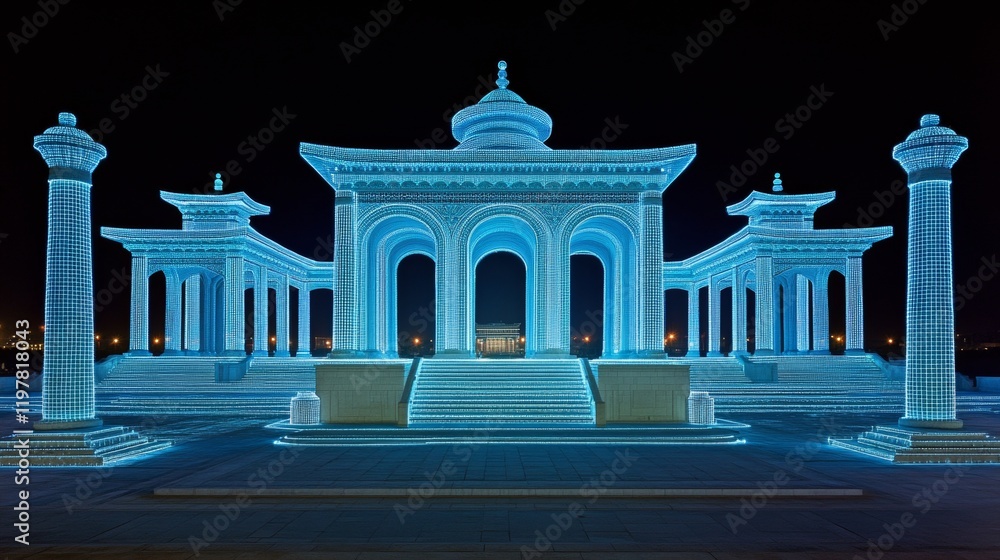 Obraz premium Monument in the Cyberspace, Abstract Representation, Digital Art, Blue Dotted Structure